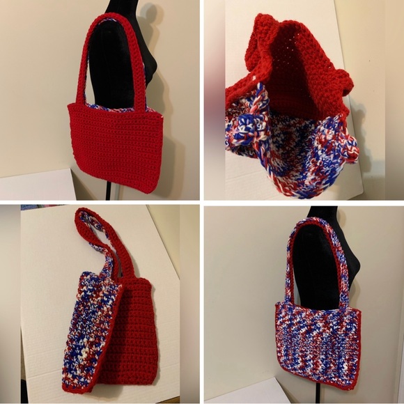 Shoulder Bag Red,White,Blue Mix, Shoulder Bag, handmade, crocheted - Picture 9 of 16
